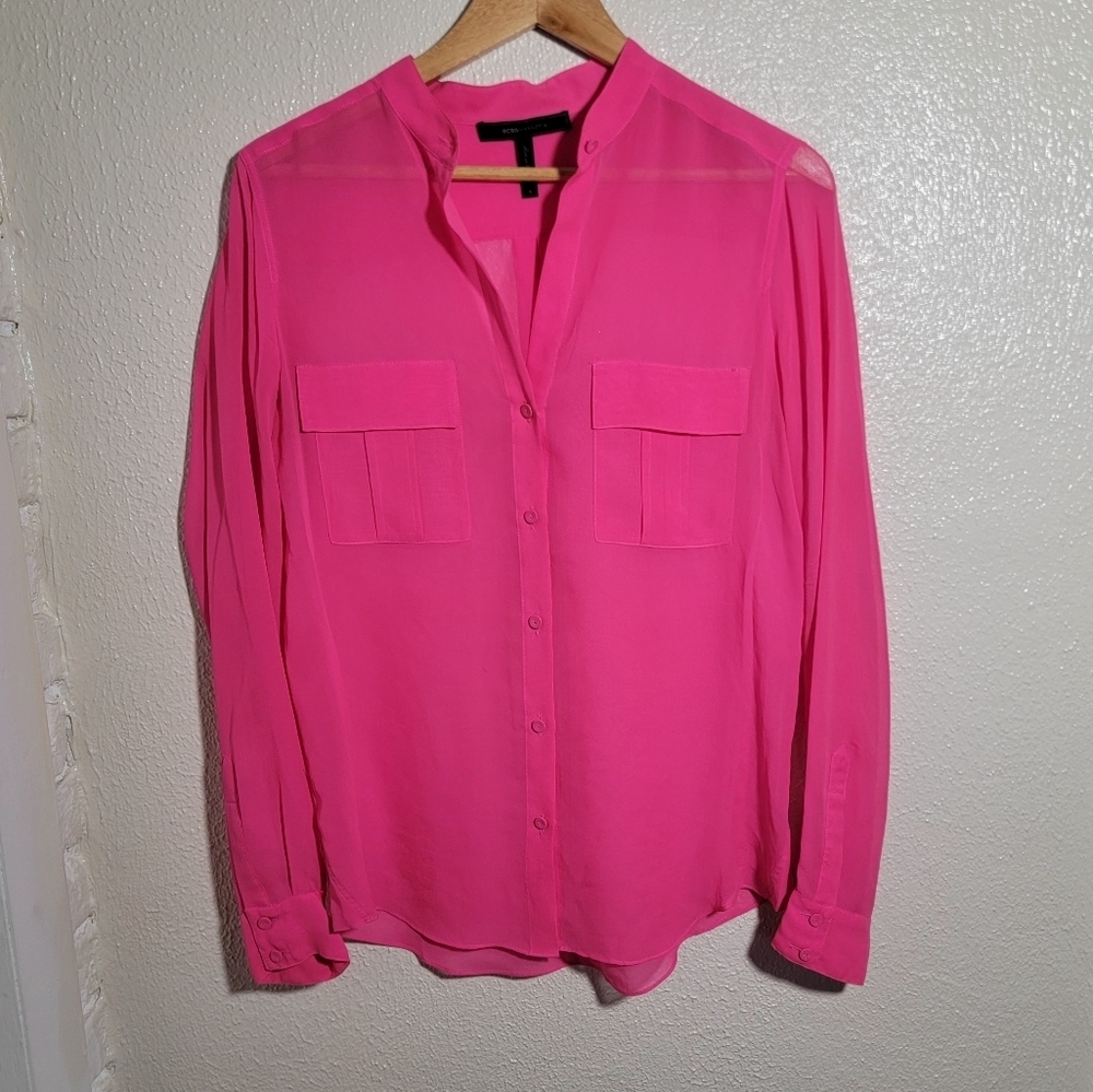 BCBGMaxazria 100% Silk Emma Button Down Semi-Sheer Blouse sz S Hot Pink